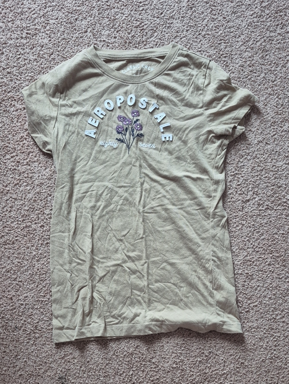 Aeropostale Olive Green Short Sleeve Tee with Purple Floral Embroidery